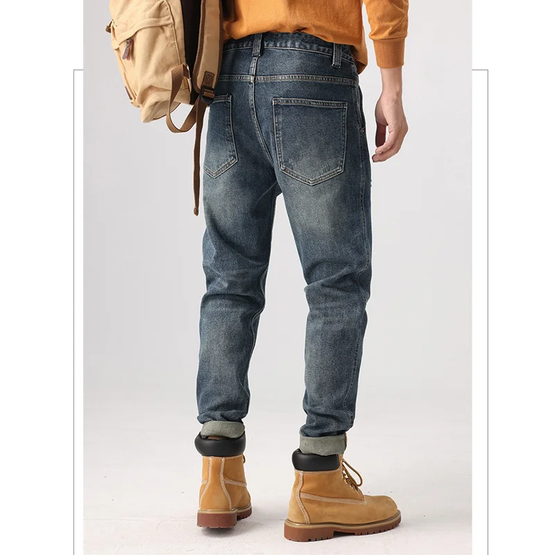 Streetwear Men 2022 New Pattern Hole Patch Jeans Vintage Self-cultivation Recreational Straight Cylinder Trousers Autumn Female