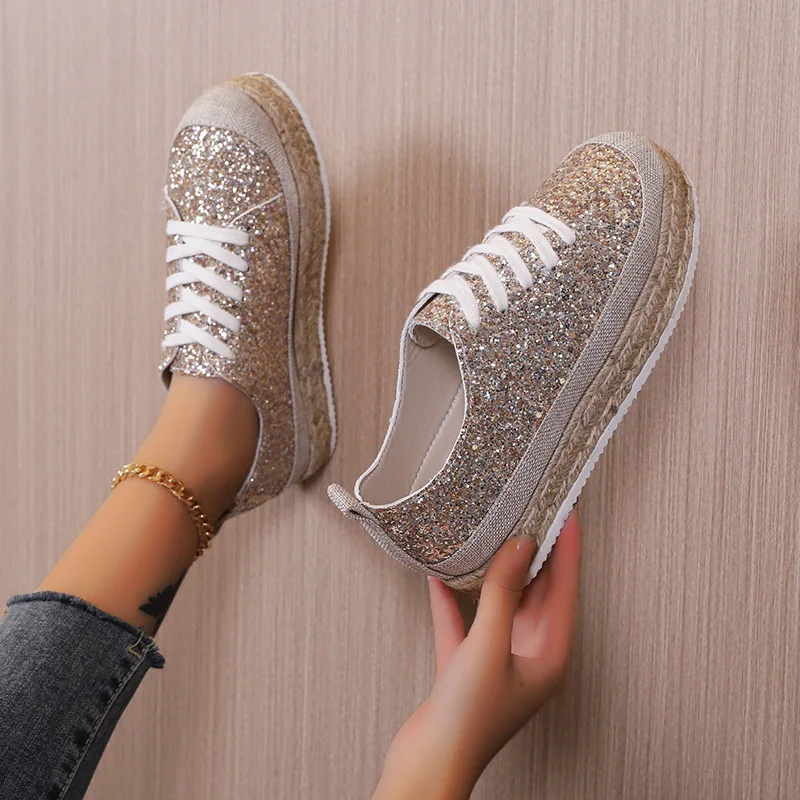 

Women's Sneakers Spring Autumn Lace Up Sequined Casual Shoes Thick Soled Wedges Women Shoes Height Increasing Vulcanized Shoes