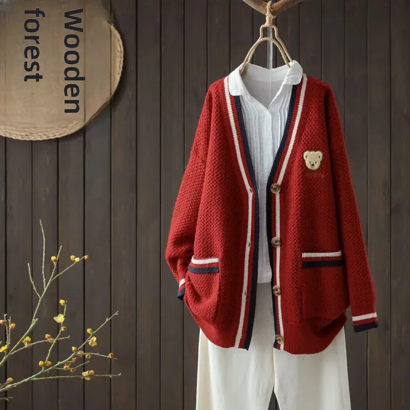 Осенний новый жаккардовый вязаный свитер с v-образным вырезом и медведем женский