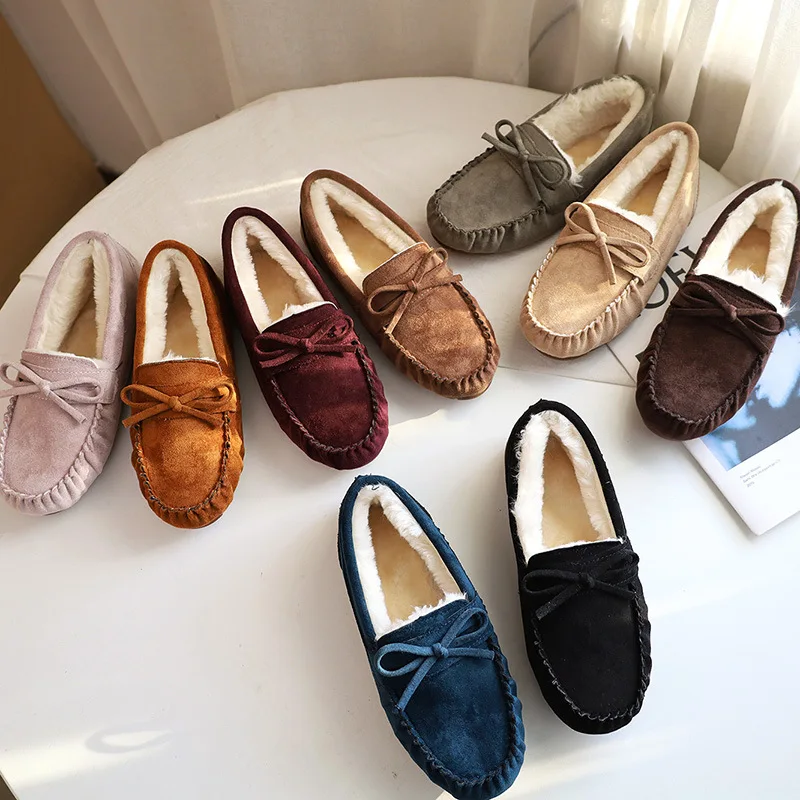 

Winter Plat Shoes Casual Fluffy Plush with Bow Low Top Shoes Soft Women Loafers Plus Size 43 New Fashion Tide 2022 Mujer Sapato