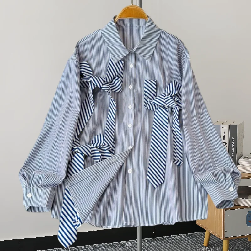 Женская черная свободная полосатая блузка из полиэстера