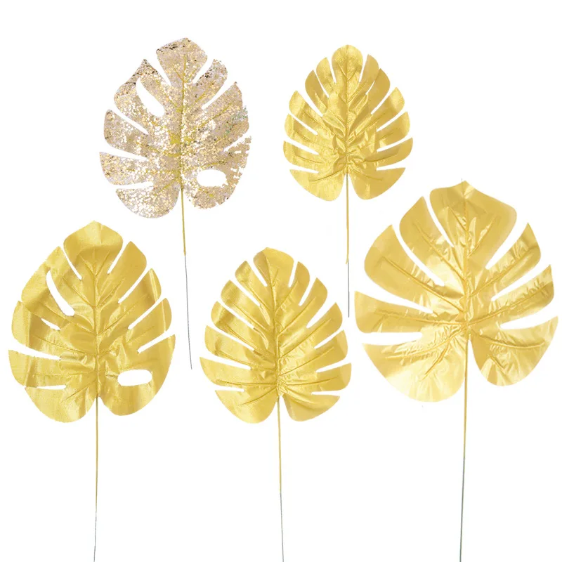 

10PCS Gold Artificial Palm Leaves with Faux Monstera Stems,Tropical Plant Safari Leaves for Hawaiian Luau Party Table Decor