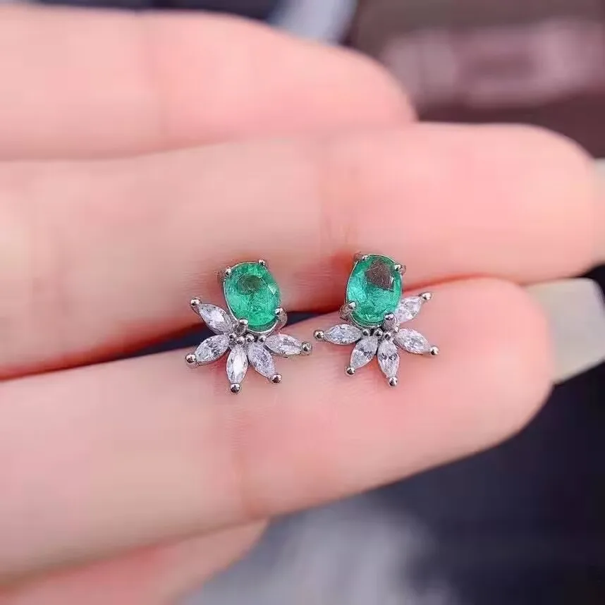 

2022 NEW Trend Paraiba Oval Emerald Flowers Ice Cut Full Diamond Stud Earrings For Women Girl Green Valentine's Day Gift Jewelry