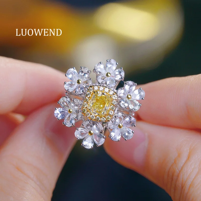 Фото Кольца LUOWEND из 100% белого золота 18 карат, романтическое кольцо в форме цветка с натуральным желтым бриллиантом для женщин, роскошные ювелирные изделия для помолвки №1