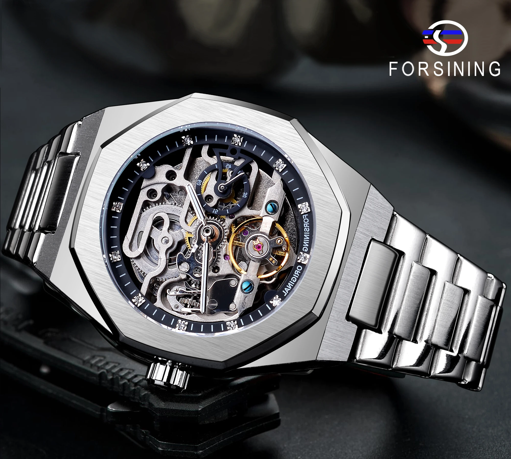 

Silver Automatic Watch 3D Diamond Skeleton Hollow Mens Wristwatches Luminous Military Watches Tourbillon Montre Homme