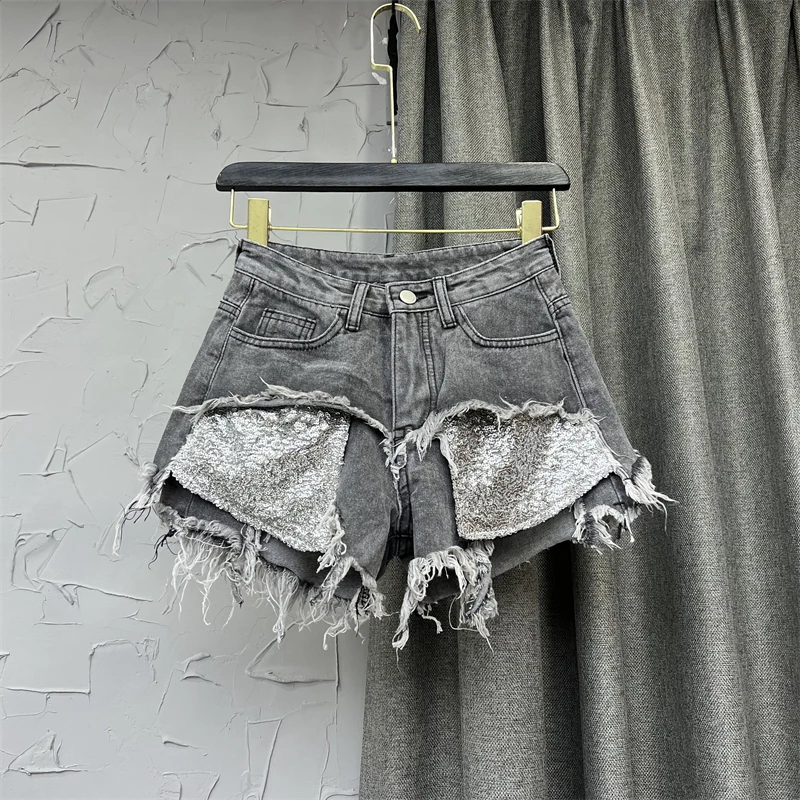 

Black Gray Fashion Hot Girl Ripped Jean Shorts Exposed Sequined Pocket Denim Shorts Women's A- Line Skort Summer Jeans Hot Pants