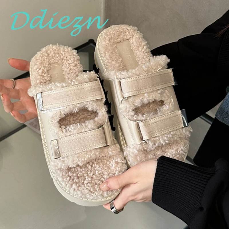 

Сланцы женские с мехом ягненка, плюшевые туфли на толстой подошве, круглый носок, модные меховые тапочки, осень 2023