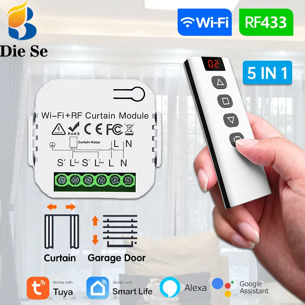 Wifi Rf Curtain Switch Tuya Smart Life Roller Shutter Module 433Mhz 5-In-1 Telecomando, Per Garage Door Window Blinds Alexa