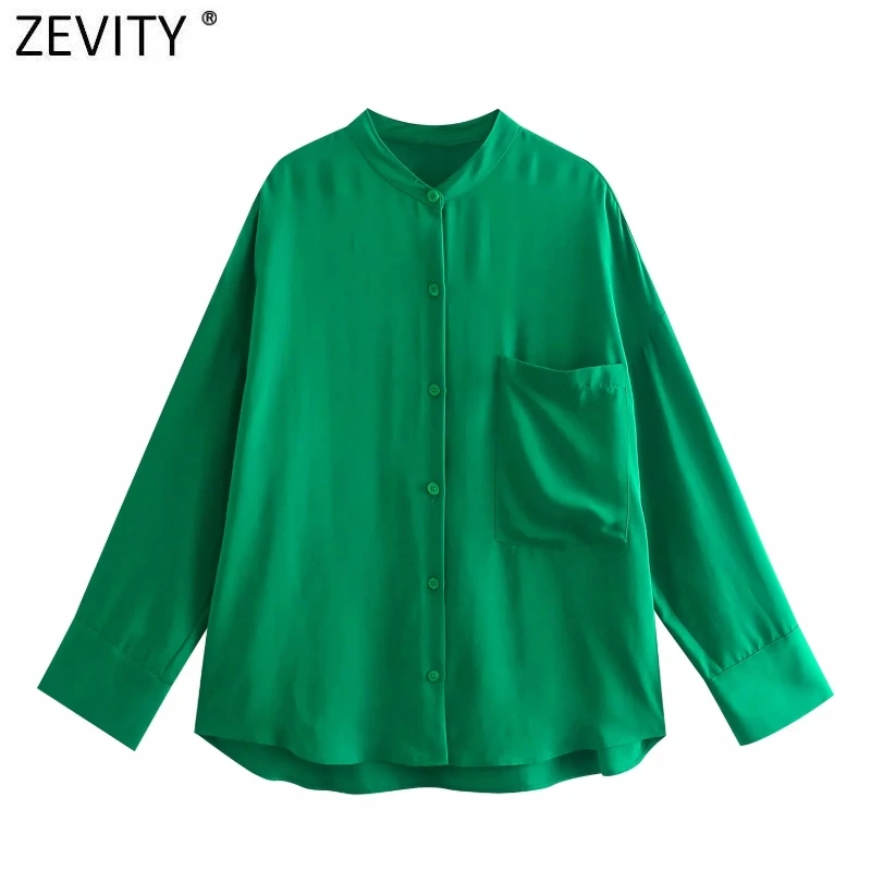 

Zevity New Women Simply Stand Collar Solid Green Casual Kimono Shirt Female Pocket Patch Blouse Roupas Chic Blusas Tops LS9378