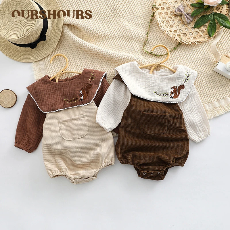 

Kids Baby Cute Squirrel Embroidered Lapel Shirt Long Sleeve Tops Corduroy Overalls Romper Bodysuit Toddler Jumpsuit Outfits