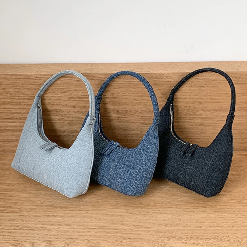 

Korean Fashion Women's Handbag Denim Blue Half-moon Underarm Hobo Purse Luxury Trend Small Tote Bags For Lady 2023 New Bolsas
