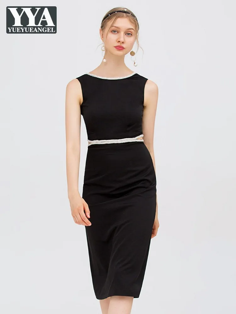 

Elegant Women Diamonds Hollow Out Waist Mid Calf Long Dress Ladies Party Shiny Crystal O Neck Slim Fit Sleeveless Tank Dresses