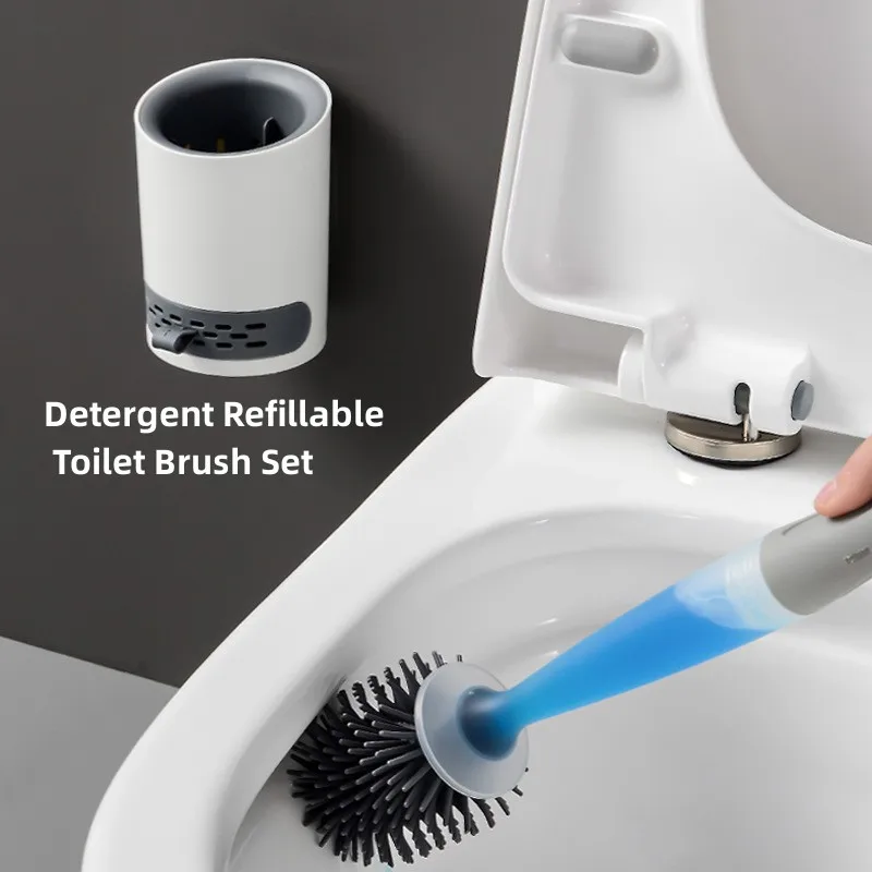 

Detergent Refillable Toilet Brush Set Wall-Mounted with Holder Silicone TPR Brush for Corner Cleaning Tools Bathroom Accessories