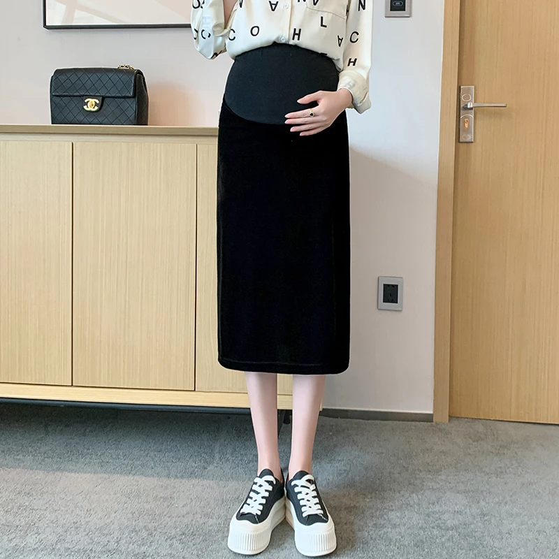 

1188# Autumn Winter Velvet Maternity Skirts Elastic Waist Belly Pencil Skirts Clothes for Pregnant Women Splits Pregnancy Pants
