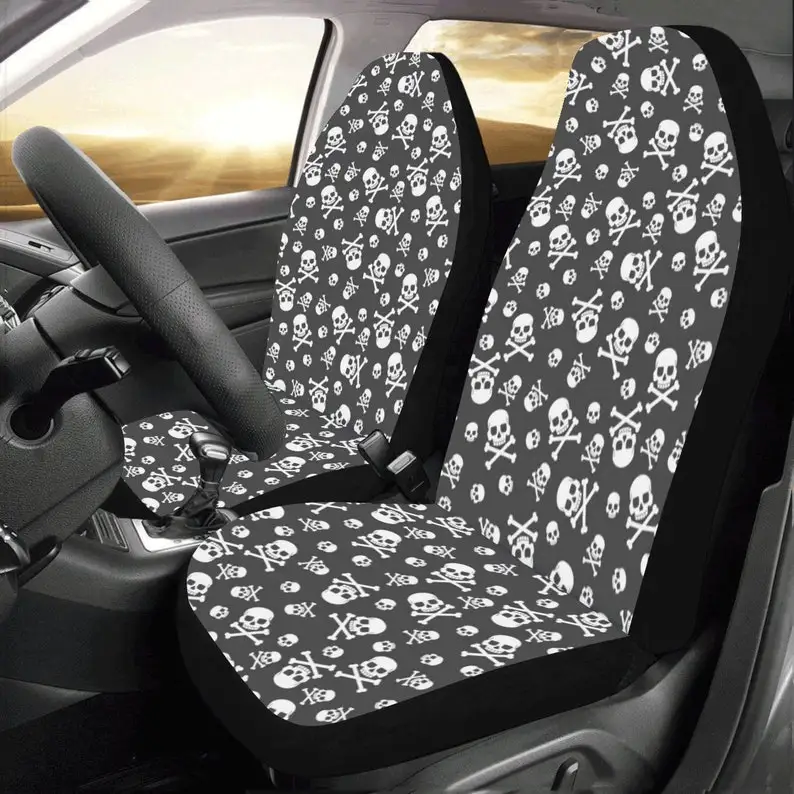 

Skull Car Seat Covers 2 pc, Black Skull Art Crossbones Bones Pattern Front Seat Covers, Car SUV Protector