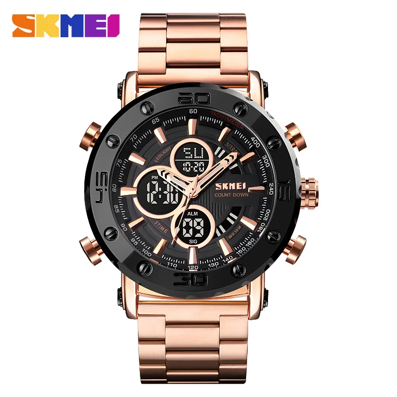 

Fashion Steel Stainless Strap Digital Watch Luxury Brand SKMEI Men's Watches 3 Time Countdown Clock Led Light Electronic Watch