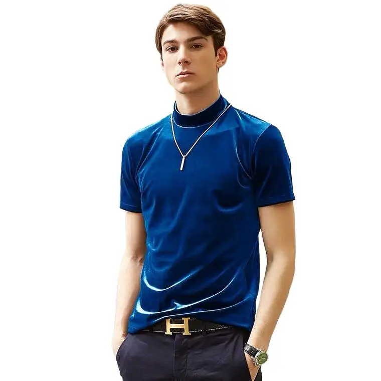 Модная Летняя мужская Велюровая футболка однотонная водолазка с коротким