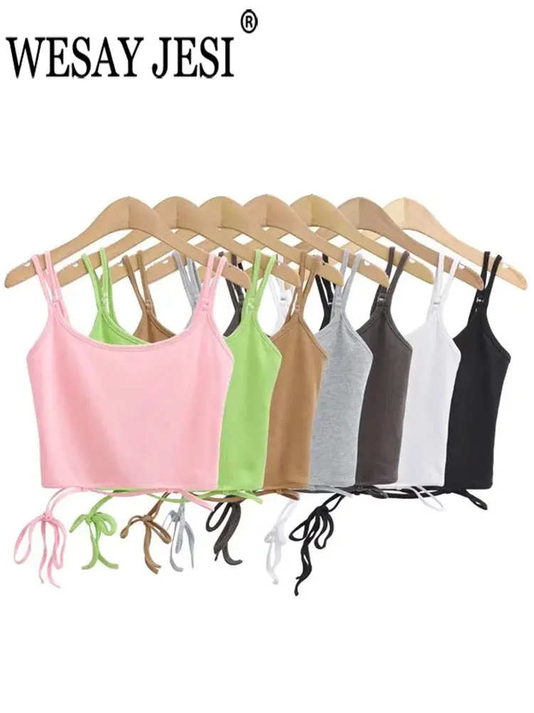 

WESAY JESI Women Sling Solid Multi-color Double Strap Strapless Hem String Tank Top Knitted Jersey Breathable Short Vest Summer