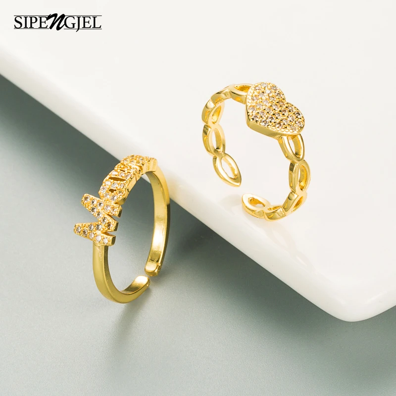 

SIPENGJEL Fashion Gold Color Metal White Zircon Heart Letter Open Ring Punk Vintage Geometric Adjustable Ring for Women Jewelry
