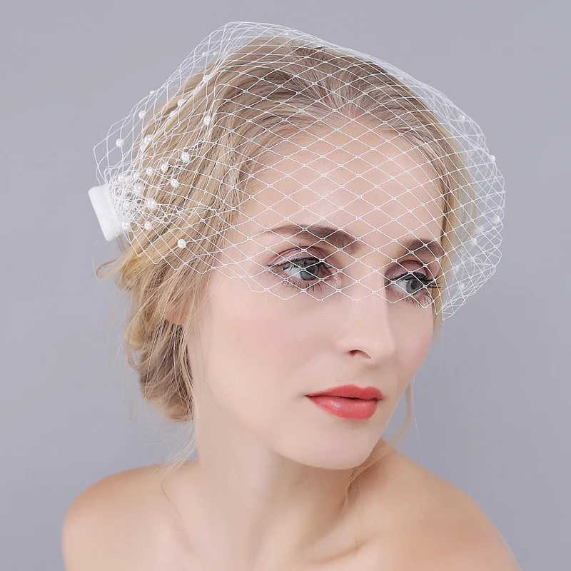 

O920 Simple Blusher Wedding Bridal Short Veil One-Layer Netting Cut Edge Pearls Satin Bow Marriage Bride White Veil