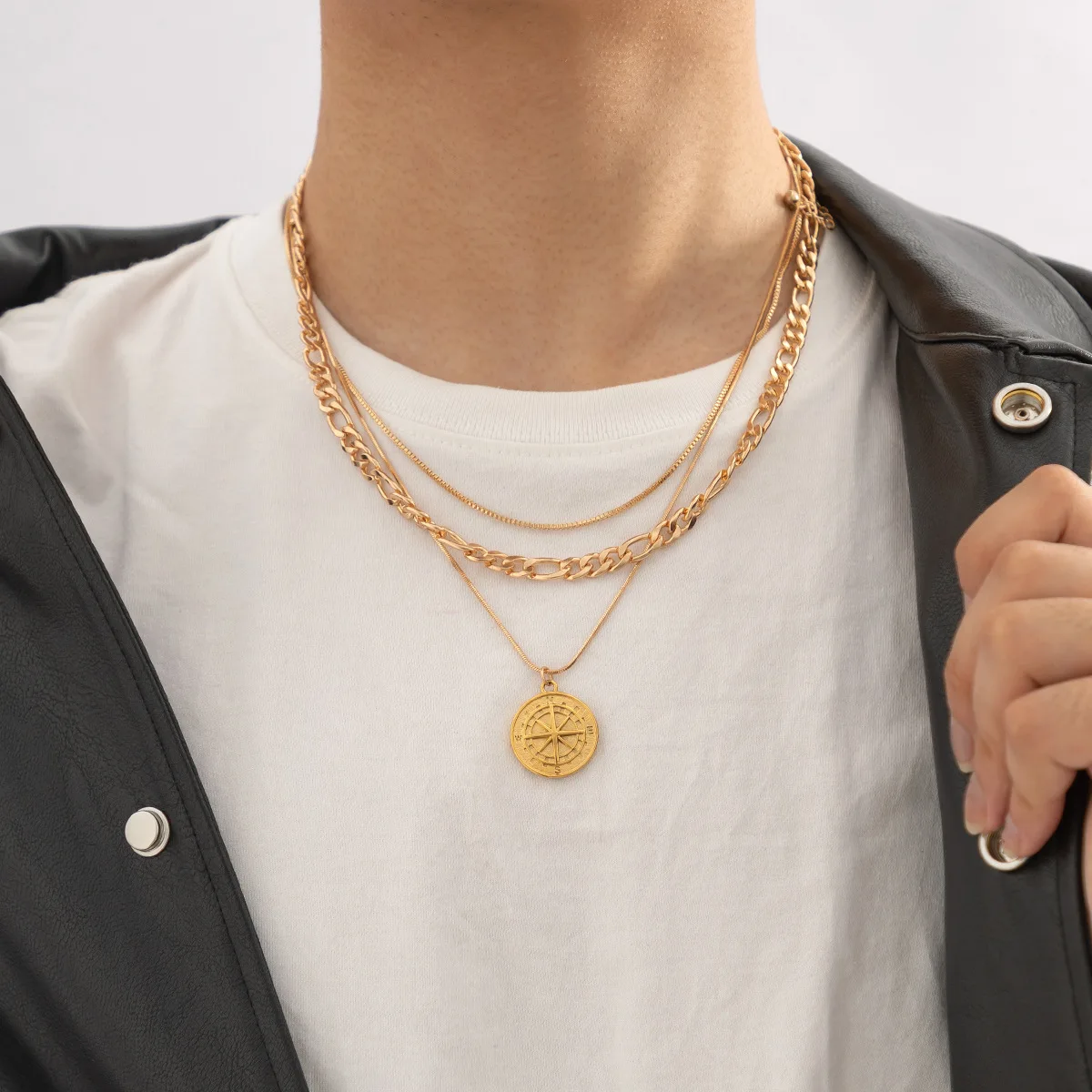 

Layered Necklaces for Men, Sailing Travel Compass Pendant Cuban Figaro Wheat Chain, Casual Retro Collar
