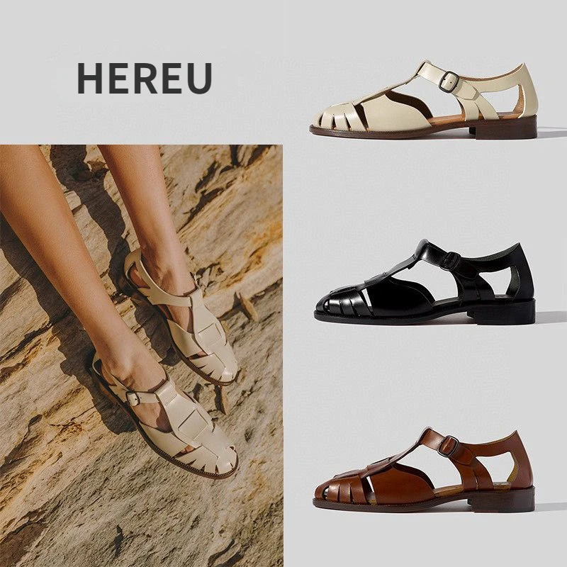 

Genuine Leather Vintage Mary Jane Shoes Hereu Flat Sandals Hand-Woven Roman Shoes Summer Women Sandals platform shoes