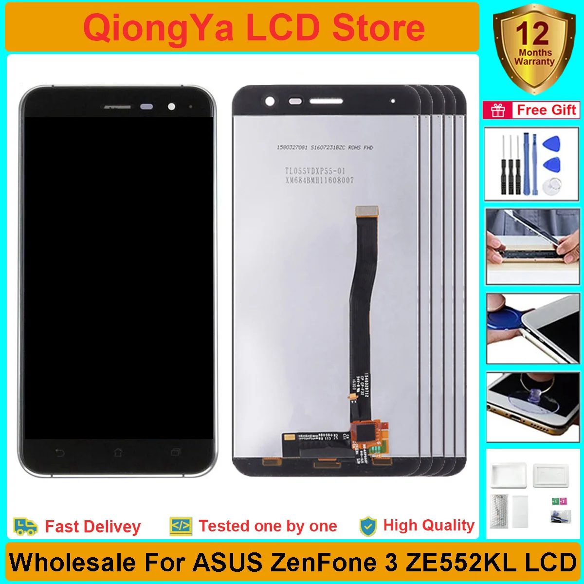 Enlarge Wholesale 3/5 PCS Display For Asus ZenFone 3 ZE552KL Z012D Z012DC Z012DA With Frame LCD + Touch Screen Digitizer Assembly Parts