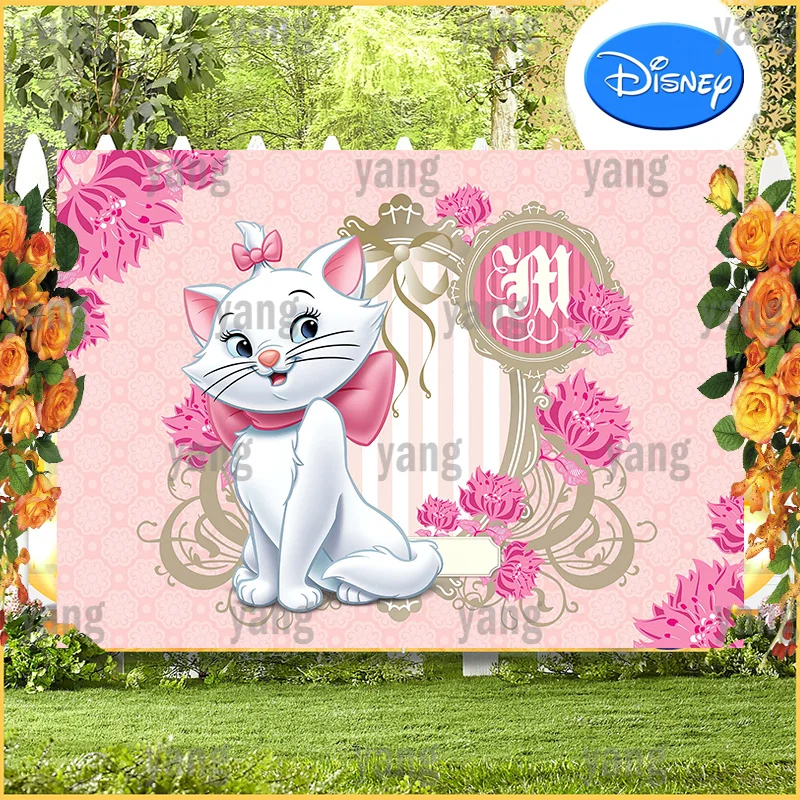 Romantic Pink Flowers Wedding Disney Baby Shower Tapestry Marie Cat Background  Party Supplies The AristoCats Backdrop Birthday