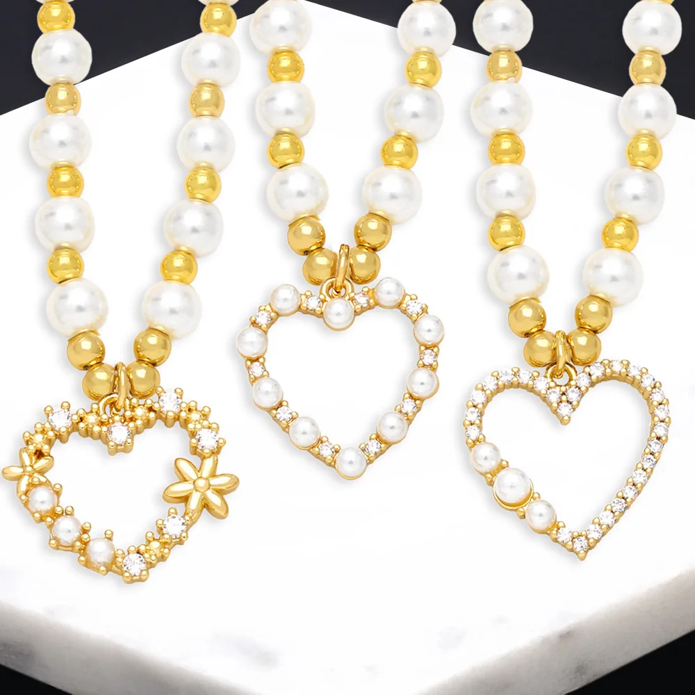 

FLOLA Chunky White Pearl Beaded Chain Necklaces Copper Zircon Heart Necklaces for Women Gold Plated Crystal Jewelry Gift nkeb621