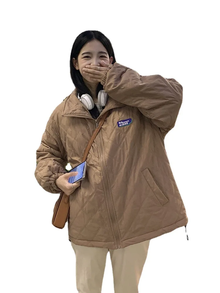 GRELLER Fashion Women Winter Jacket Stand Collar Oversized Female Cotton Padded Coat Solid Black Khaki Female Parkas Clothes