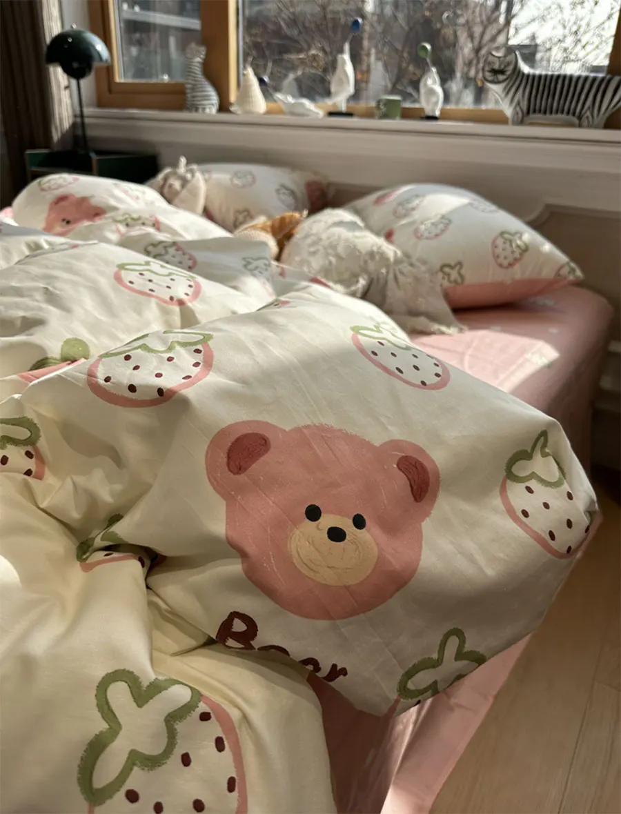 

Cute sweet bear strawberry pink beding set kid teen,twin full queen lovely cotton home textile bed sheet pillow case quilt cover