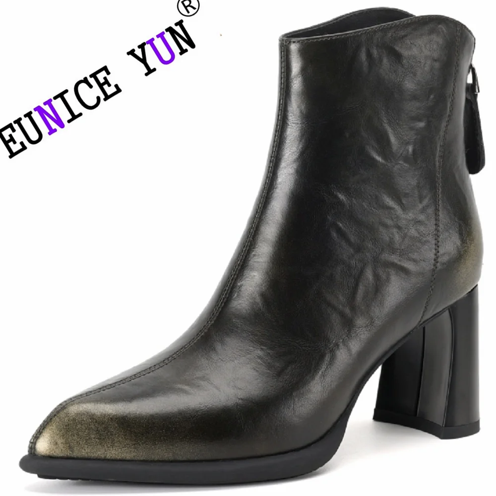 Женские ботильоны из натуральной кожи на среднем каблуке с острым носком