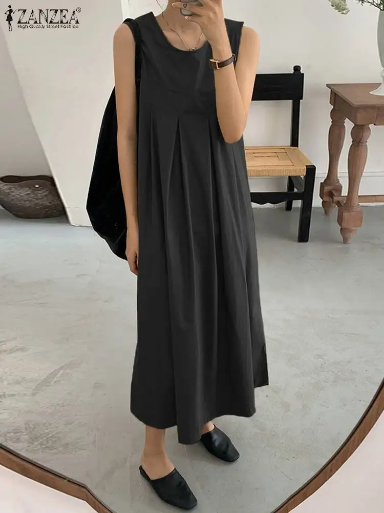 

Платье ZANZEA женское без рукавов, Модный Однотонный сарафан с круглым вырезом, Повседневная Уличная одежда, оверсайз, лето 2023