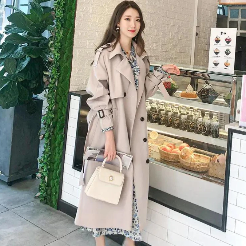 

Женский Длинный тренчкот выше колена, двубортная модная просторная ветровка с подкладкой и поясом, весна-осень 2023