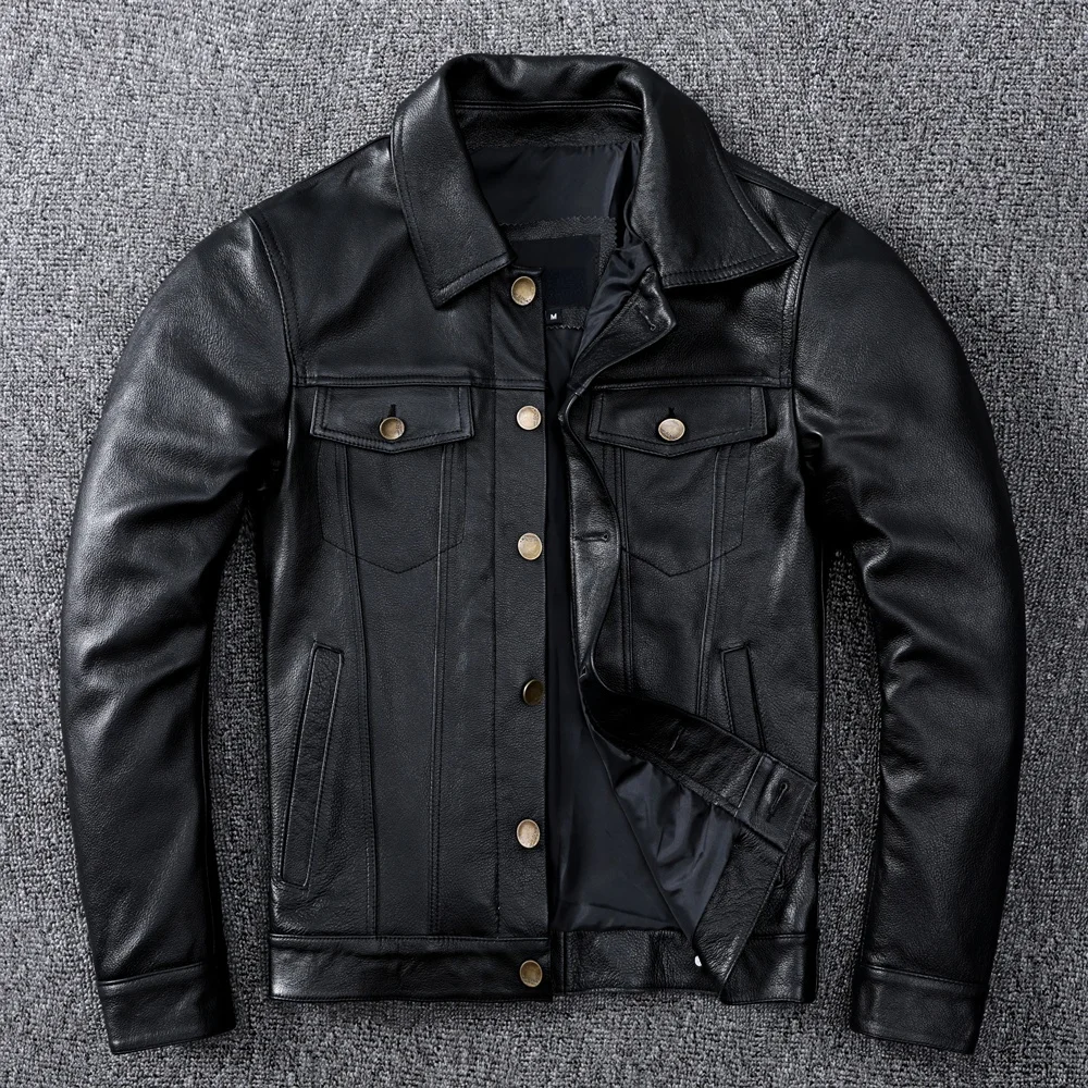

Slim Spring Denim Genuine Jacket Classic Cowhide Button Coat Plus Size 3XL Mens Fashion Leather Clothing
