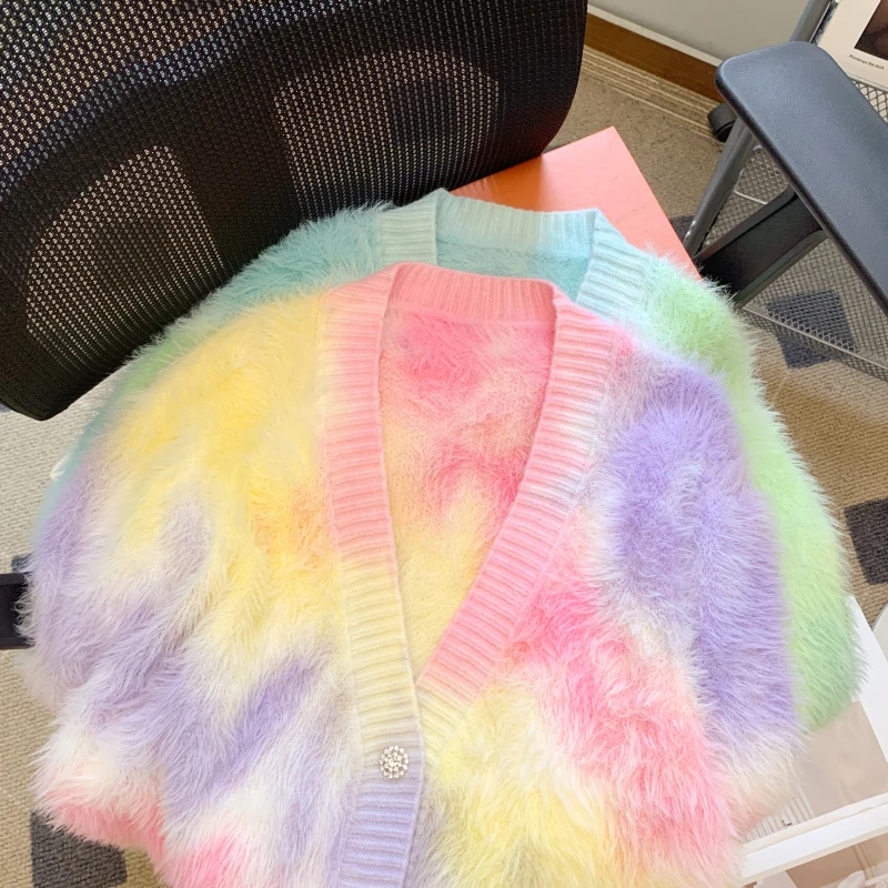 Korean Series Color Stripe Mink Hair Knit sweater Women 2024 Autumn and Winter New Idle Sle Thick Warm Outerwear Top