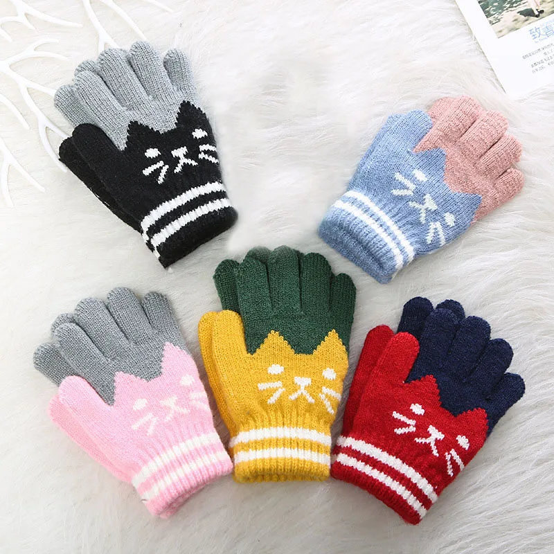 2022 New Child Cartoon Warm Mittens Toddlers Outdoor Cartoon Cats Cute Gloves Kids Baby Girls Boys Winter Knitted Gloves