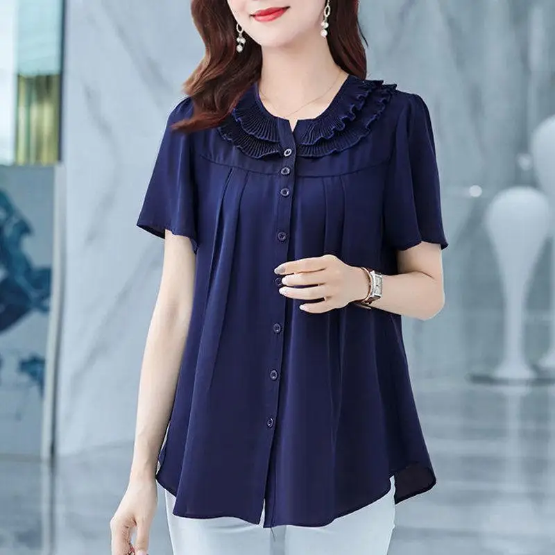

Summer Chiffon Eleagnt Blouse Women Clothing Casual Button up Shirt Short sleeve Loose Blouses Ladies Tops Vintage Ruffles