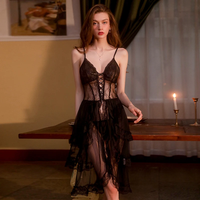 

2023 Erotic Night Wear Lingerie for Women Sexy Glamour Mesh Deep V Sling Hollow Skirt Temptation Home Clothes Suit Sleepwear