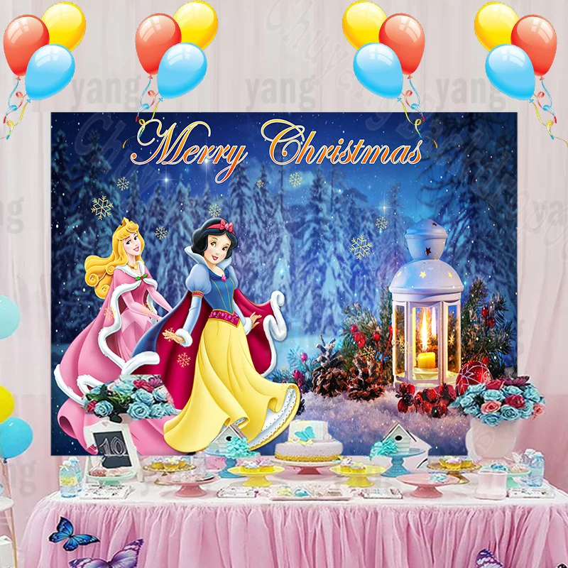 Lovely Disney Princess Aurora And Snow White Photo Backdrop Golden Snowflake Xmas Forest Christmas Party Backgrounds Decoration enlarge