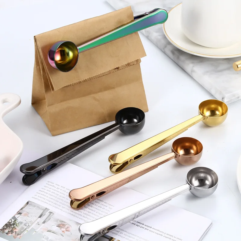 

Ложка для кофе из нержавеющей стали, кухонный инструмент «Два в одном» с герметичным зажимом, для выпечки, приправ