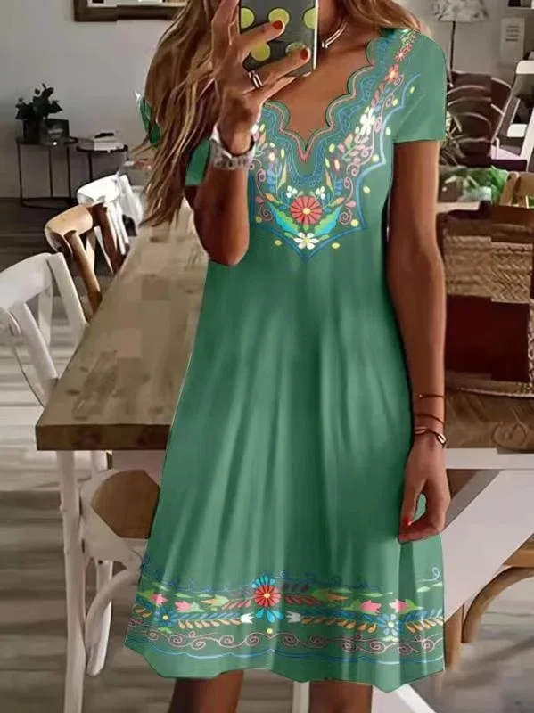 Женское винтажное платье с V-образным вырезом коротким рукавом и цветочным