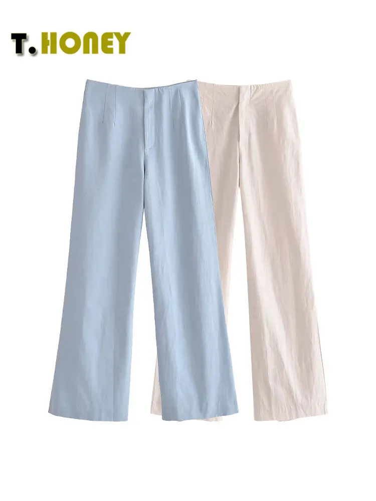

TELLHONEY Women Fashion Simply Solid Front Zipper Buttons Long Trousers Female Basic Linen Loose Thin High Waist Pants