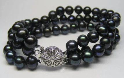 

fashion 3 ROWS women 7-8MM Black Pearl Bracelet 7.5"