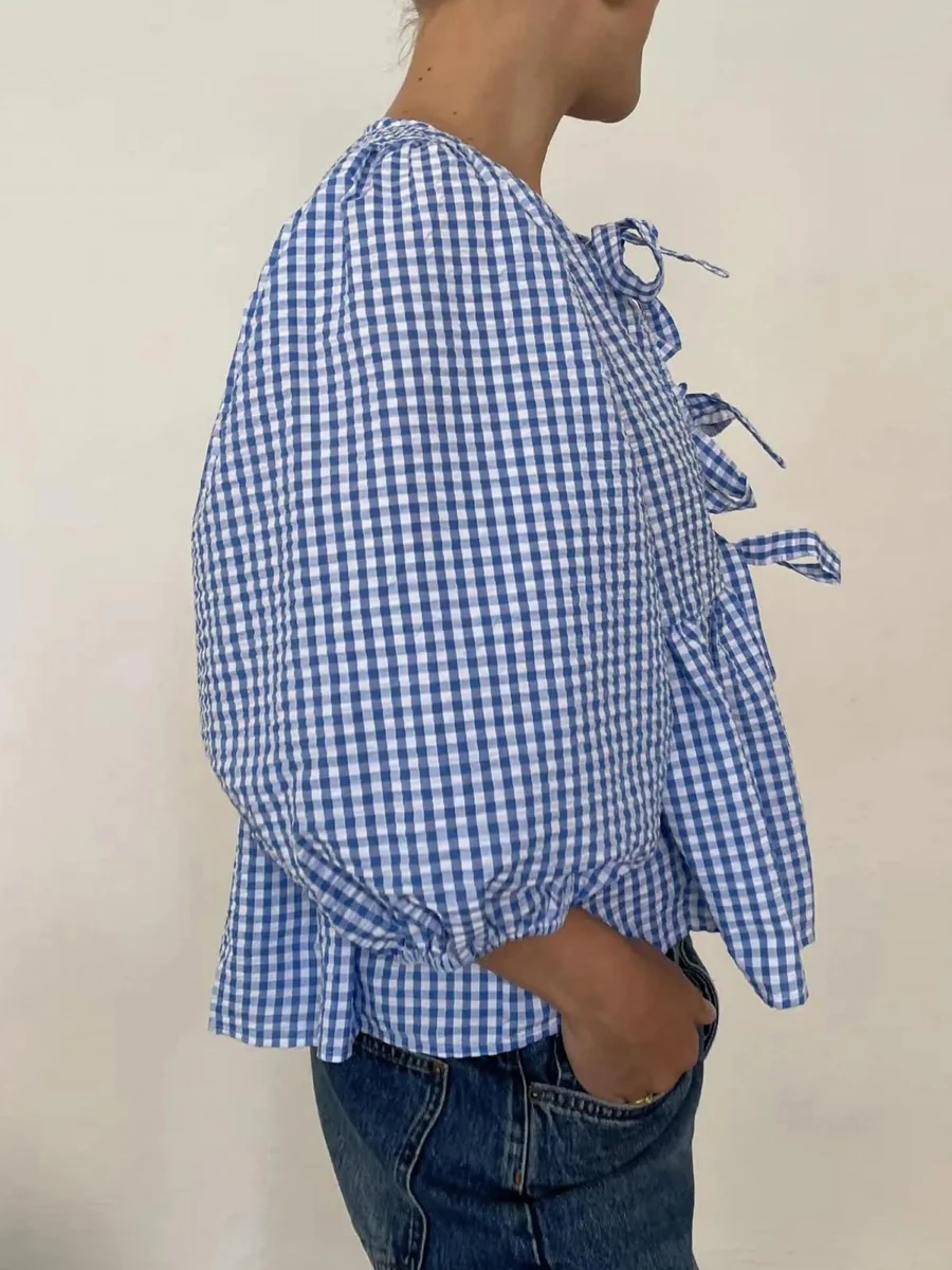 Женская рубашка с принтом в клетку пышными рукавами