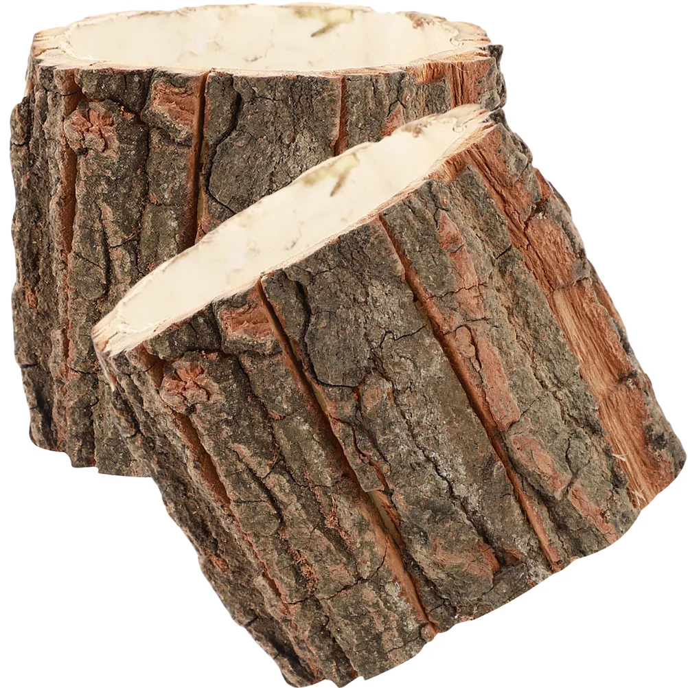 

2 Pcs Decorative Flower Pots Tree Stump Planter Ornament Container Home Farmhouse Bucket Log Bark Fountain
