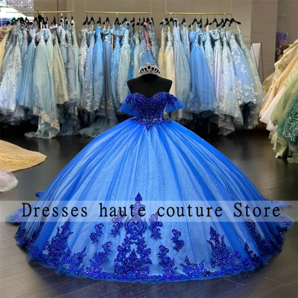 

Женское бальное платье принцессы, синее платье с открытыми плечами и бусинами, на шнуровке, для дня рождения, 15-16 лет, 2023