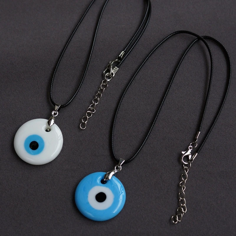 Summer European and American Simple Devil's Eye Glass Pendant Necklace Lake Blue White Wax Rope Blue Eye Accessories T8DE