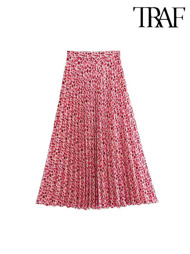 

TRAF 2023 Summer Printing Pleated Skirt Pink Long Skirts for Women High Waist Midi Skirt Women Elegant Skirts Woman Fashion