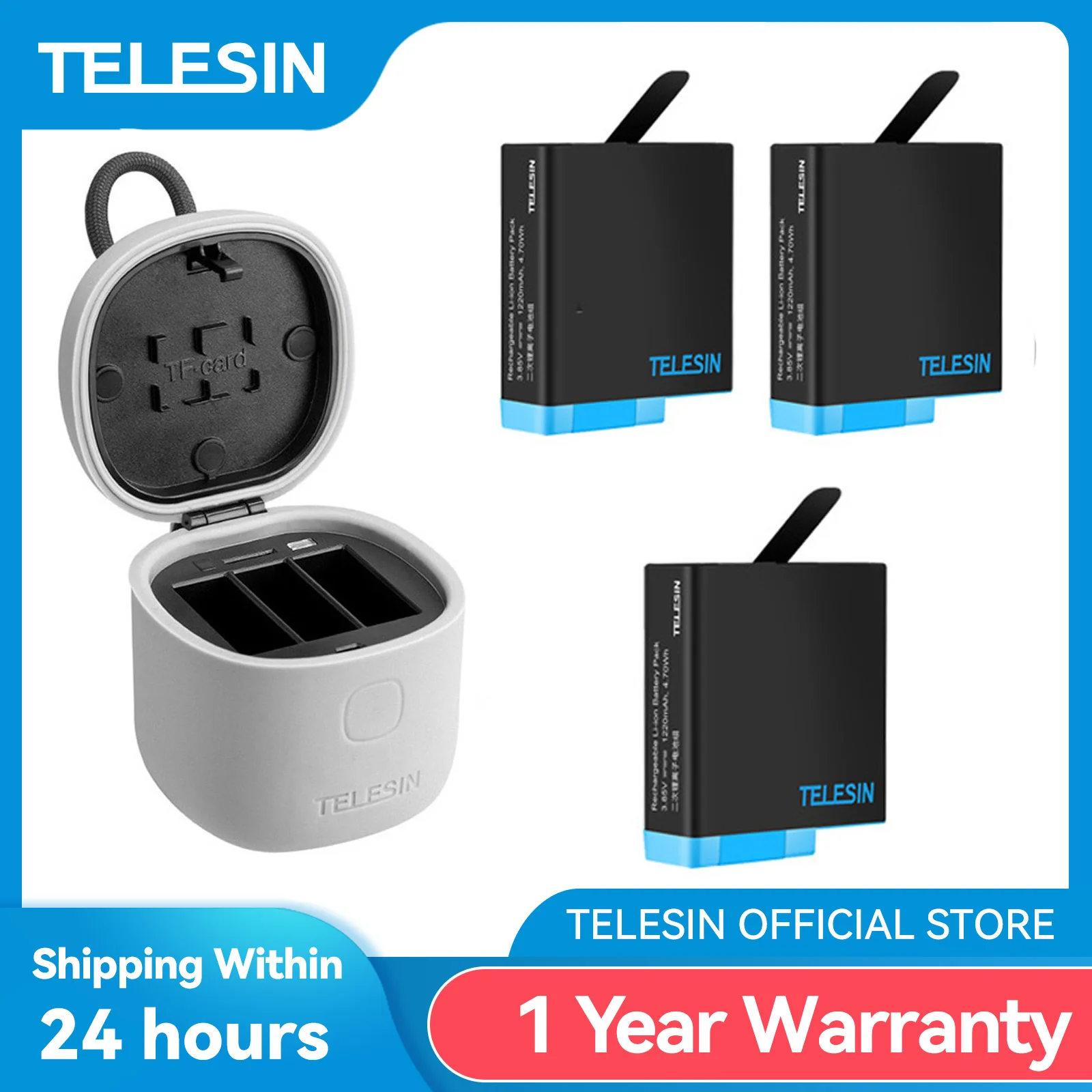 

TELESIN 1220mAh Battery 3 Slots LED Light Fast Charger TF Card Reader Storage Charging Box for GoPro Hero 8 7 6 5 Black